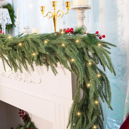 Perfnique 6 Ft Christmas Norfolk Pine Garland with Lights, Outdoor/Indoor Greenery Garland Artificial Winter Garland, Real Touch Garland for Mantle Fireplace Table Wall Home Holiday Seasonal Decor