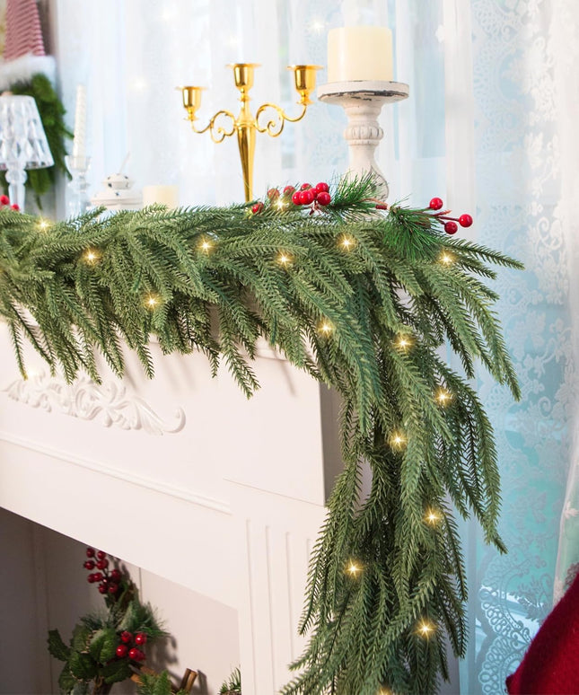Perfnique 6 Ft Christmas Norfolk Pine Garland with Lights, Outdoor/Indoor Greenery Garland Artificial Winter Garland, Real Touch Garland for Mantle Fireplace Table Wall Home Holiday Seasonal Decor
