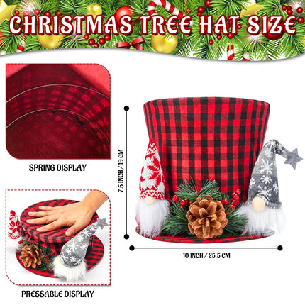 Christmas Tree Topper, Red and Black Buffalo Plaid Top Hat Christmas Tree Decorations Santa Gnome Ornaments Large Christmas Hat Tree Toppers Decor for X'Mas Home Party Supplies Festive Xmas Idea
