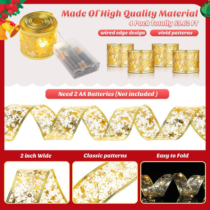 4 Pcs 65.62 ft Christmas Ribbon Fairy Lights Gold Christmas Lights Lighted Ribbon Garland for Christmas Tree Gold Garland Christmas Decorations Indoor Outdoor Party Decorations, Warm White
