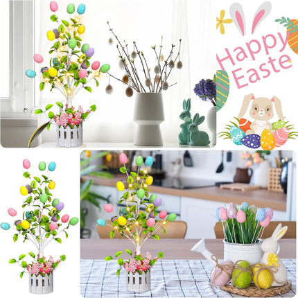 24" Pre Lighted Easter Egg Tree Tabletop Decoration with LED Light Indoor Glow Easter Egg Tree Table Decor for Home Party Wedding Holiday Spring Decoration Easter Party