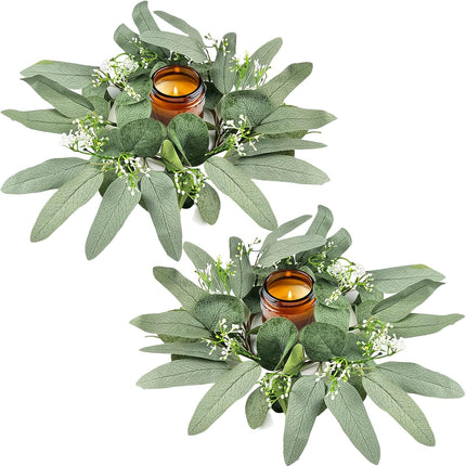 2Pcs Candle Rings, Artificial Eucalyptus Leaves Candle Wreaths for Pillar, Greenery Willow Leaves Gypsophila Candle Wreath for Wedding Centerpieces Home Party Table Decor (Green)