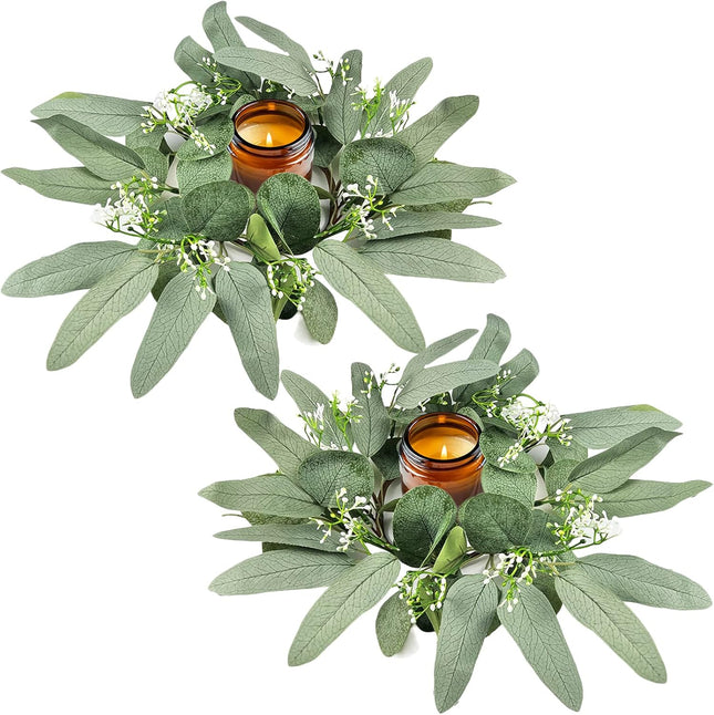 2Pcs Candle Rings, Artificial Eucalyptus Leaves Candle Wreaths for Pillar, Greenery Willow Leaves Gypsophila Candle Wreath for Wedding Centerpieces Home Party Table Decor (Green)