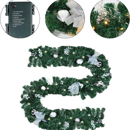 MorTime 9 FT LED Christmas Garland with Berries Bows Christmas Balls, Pre-Lit Artificial Garland with 50 Warm White LED Lights for Indoor Outdoor Christmas Decorations