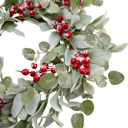 20 Inch Artificial Christmas Wreath Lambs Ear Leaves Door Wreath Winter Wreath with Artificial Snow Red Berries Christmas Decorations for Home Wall Window Decor