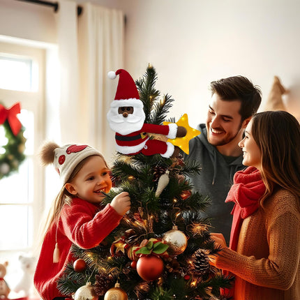 OurWarm Black Santa Christmas Tree Topper Star Lighted, Plush Xmas Tree Toppers Christmas Decorations Indoor, Christmas Tree Star Topper with Lights for Wine Bottle Curtain Christmas Tree Decor
