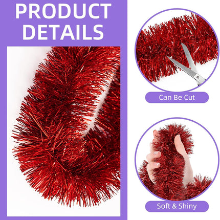 50 Feet Red Tinsel Garland Christmas Foil Tinsel Garland Decoration Metallic Banner Wall Hanging Tinsel Streamers Garland for Christmas Tree Birthday Party Decorations (3.54" x 50', Red)