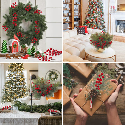40Pcs Christmas Artificial Pine Needles Branches Red Holly Berry Stems, Artificial Cedar Sprigs Pine Leave Needles,Greenery Pine Stem Picks for DIY Xmas Garland Wreath Christmas Tree Home Garden Decor