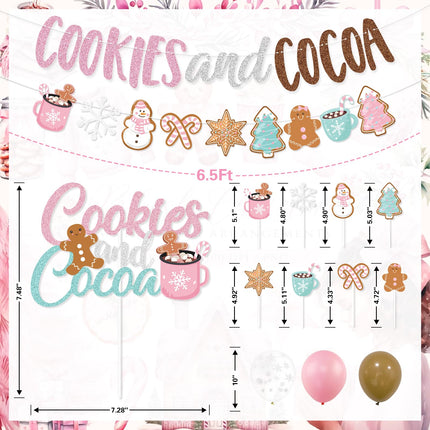 Cookies and Cocoa Party Decorations, Pink Cookies and Cocoa Banner Christmas Gingerbread Man Banner Cake Topper Balloons for Christmas Hot Cocoa Bar Supplies Christmas Birthday Party Decorations