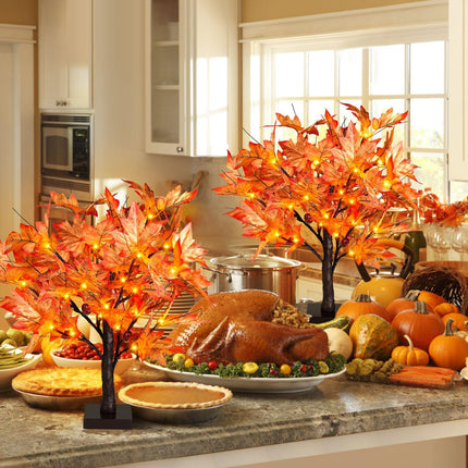 18 Inch Lighted Maple Tree with 36 Lights, 72 Leaves, 6 Acorn, Timer Battery Operated Tabletop Artificial Fall Tree for Thanksgiving Harvest Home Decor, Fall Table Decorations (18 Inch 2 Pack)