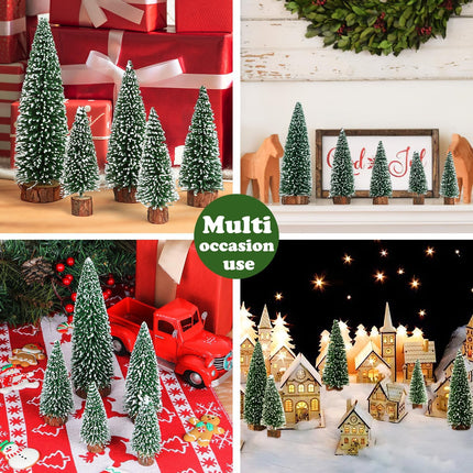 AerWo 5Pcs Mini Christmas Trees Flocked Bottle Brush Christmas Trees with Wooden Bases, Small Christmas Trees for Tabletop Christmas Decor Winter Holiday Table Decorations Christmas Village Crafts