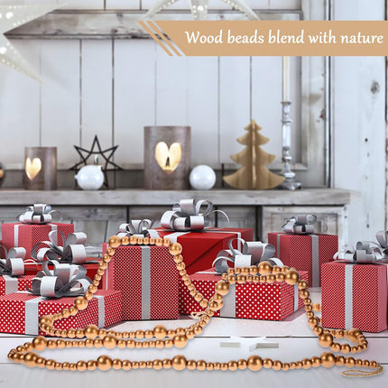 Boao 20 Feet Christmas Wooden Beaded Garland Rustic Farmhouse Bead Wall Hanging Decor Natural Tree Garland Wall Hanging Prayer Beads for Christmas Day (Gold)