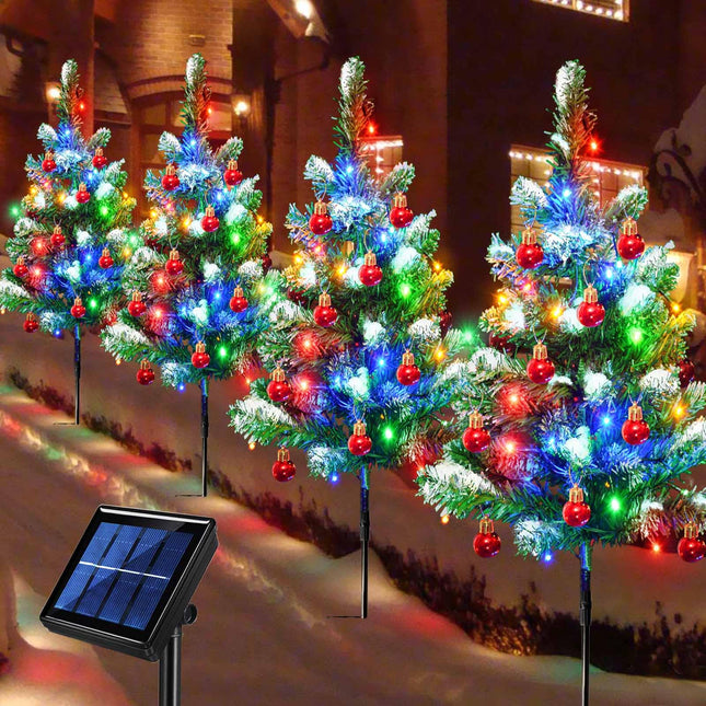 Homeleo d 4 Packs Solar White Christmas Tree Outdoor, Waterproof 80 LED Xmas Pathway Lights, Small Prelit Snowflake Christmas Tree with Red Ball Ornaments for Christmas Decorations Outdoor Yard
