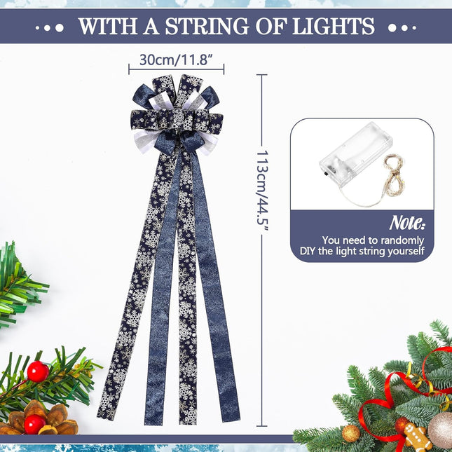 Zeyune Christmas Tree Topper 12 x 45 inches Large Christmas Bows LED Lights Glitter Satin Mesh Streamer Snowflake Ribbon Decorative Bows for Christmas Tree Decorations(Blue)