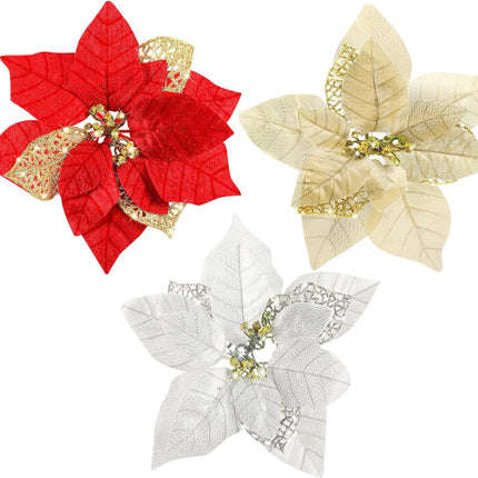 30 Pieces 8 Inches Large Christmas Artificial Poinsettia Flower Christmas Tree Glitter Faux Flowers Floral Wreath Garland Xmas Tree Ornaments for Wedding Holiday Wreath DIY (Red, Gold, Silver)