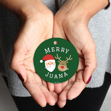 Andaz Press Marijuana Pot Cannabis Weed Round Metal Christmas Ornaments, Merry Juana Reindeer Smoking Pot Cigarette, Includes Ribbon and Bag, Stoned Stoner Weed Christmas Ornaments