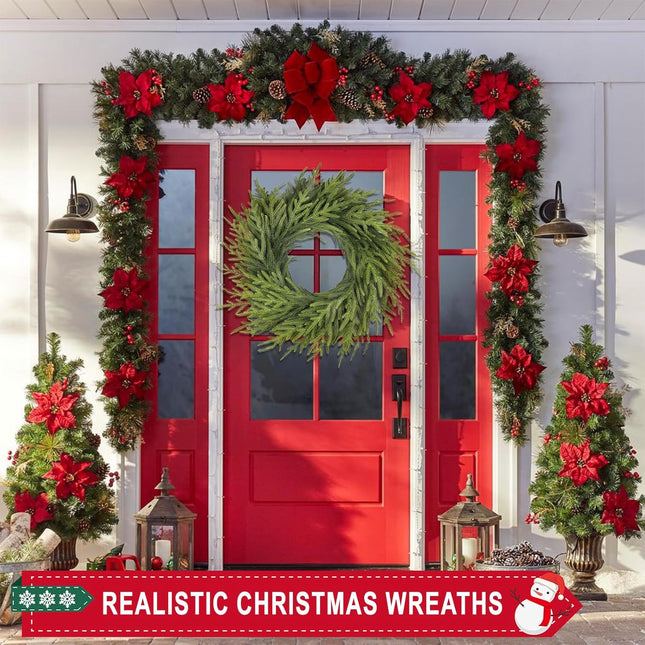 26 Inch Realistic Christmas Wreath, Soft Bendable Christmas Wreaths for Front Door,Winter Wreaths for Front Door, Outdoor Christmas Wreath for Wall Windows,Christmas Thanksgiving Decorations Indoor