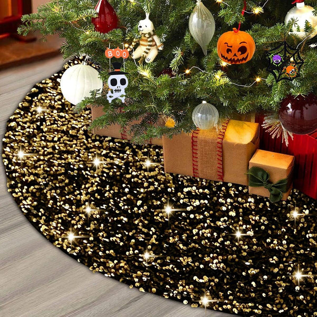 XIMISHOP 48inches Sequin Tree Skirt, Glitter Golden Black Tree Skirt Mat for Christmas Halloween Holiday Tree Decorations