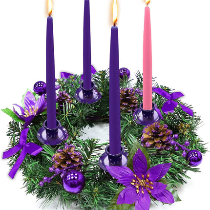 [Safety Fire Retardant] Christmas Purple Advent Wreath Decor 4 Advent Candle Holder with 4 Pinecorn 4 Ribbon 2 Poinsettia 4 Ball 4 Berry Christmas Centerpiece Table Decorations Home Indoor(No Candles)