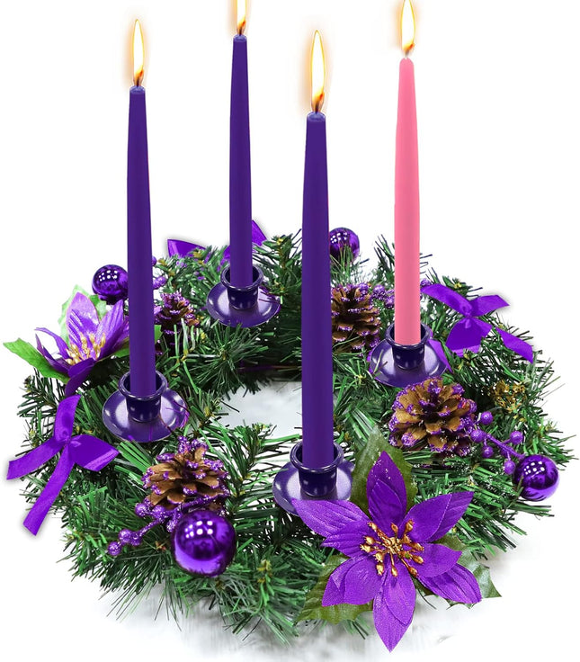 [Safety Fire Retardant] Christmas Purple Advent Wreath Decor 4 Advent Candle Holder with 4 Pinecorn 4 Ribbon 2 Poinsettia 4 Ball 4 Berry Christmas Centerpiece Table Decorations Home Indoor(No Candles)