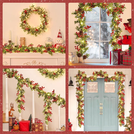MARTINE MALL 6FT Christmas Garland, Pre-lit Christmas Garland with 20 LED Lights, Battery Operated Christmas Lighted Garland with Snowflakes Red Berry Christmas Garland for Mantle Fireplace