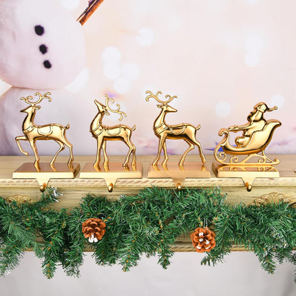 Antique Gold Reindeer & Sleigh Stocking Holder Set for Mantle Set of 4,Deer Stocking Hangers for Firepiece,Christmas Decorations Mantel Hanger for Stocking/Garland (Retro Gold)