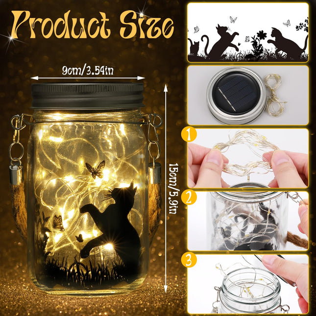 3 Pcs Christmas Solar Lantern Cat Dog Butterfly Solar Fairy Hanging Lanterns Outdoor Yard Lawn Garden Decor Jar Lights for Xmas s Tree Patio Lawn Table(Cat)