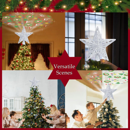 Christmas Tree Topper Lighted with 8 Projection Modes, Christmas Star Tree Topper Built-in LED Rotating Lights, 3D Silver Star Tree Top Glitter Projector for Xmas Party Holiday Decorations