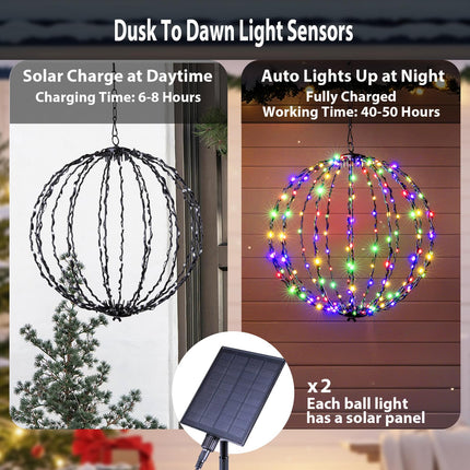 176 LED 13” Outdoor Christmas Light Balls, Solar Hanging Lighted Sphere Balls Lights, Prelit Fold Large Rechargeable Waterproof, Globe Light Ball for Outside Indoor Tree Eave Garden Decorations -2pack