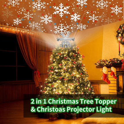 Christmas Tree Topper Lighted with Silver Snowflake Projector, Led Rotating Magic Snowflake, 3D Hollow Glitter Lighted Silver Snow Tree Topper for Christmas Tree Decorations Ornament for Indoor