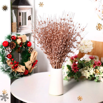 Geosar 30 Pcs Christmas Artificial Glitter Berry Stem Decorations Bead Sticks Pick 17 Inch Xmas Ornaments Glittery Twigs for Christmas Tree Halloween Wreath Vase Filler Home Decor(Rose Gold)