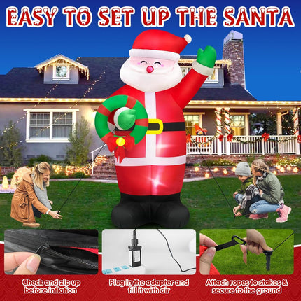MICOCAH 8 FT Huge Christmas Inflatables Santa Claus Holding Garland Outdoor Decorations, Build in LEDs & Tethers Stakes Giant Inflatable Santa Blow Up Yard Decor for Holiday Xmas Indoor Patio Lawn