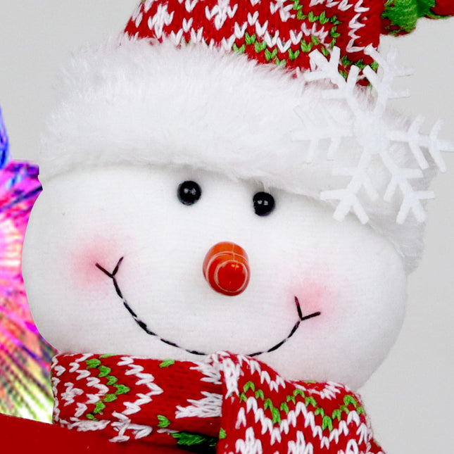 Snowman and Star Tree Topper with Lights Christmas Decorations,Unique Funny Xmas Plush Stuffed Snowflake Hat Snowman Hugger Decor and Battery Operated Colorful Star Tree Ornaments Red White