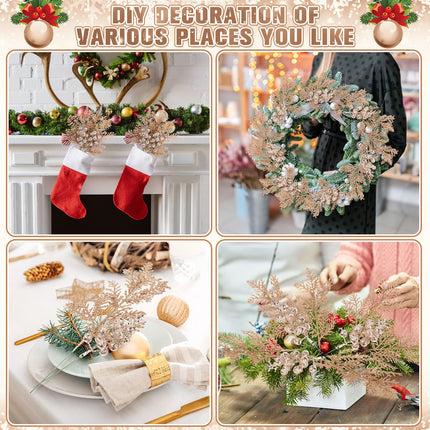 Cindeer 80 Pcs Christmas Glitter Berries Stems Pine Needles Christmas Artificial Picks Fake Floral Twig Spray for Xmas Tree Ornaments DIY Wreath Garland Decorations(Champagne Gold)