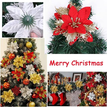 4 Pcs 5.5 Inch Christmas Poinsettia Artificial Flowers Glitter Red with Clips Stems Christmas Tree Holiday Wreath Ornaments Home Party Decor