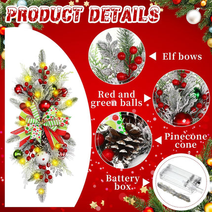 2 Pack Christmas Artificial Swags 24 in Prelit Flocked Xmas Door Stair Swags Teardrop Swag Cordless Christmas Stairway Decoration with LED Lights for Indoor Outdoor (Elf, Red and Green)