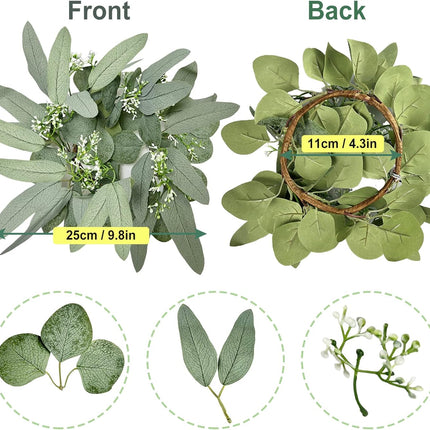 2Pcs Candle Rings, Artificial Eucalyptus Leaves Candle Wreaths for Pillar, Greenery Willow Leaves Gypsophila Candle Wreath for Wedding Centerpieces Home Party Table Decor (Green)