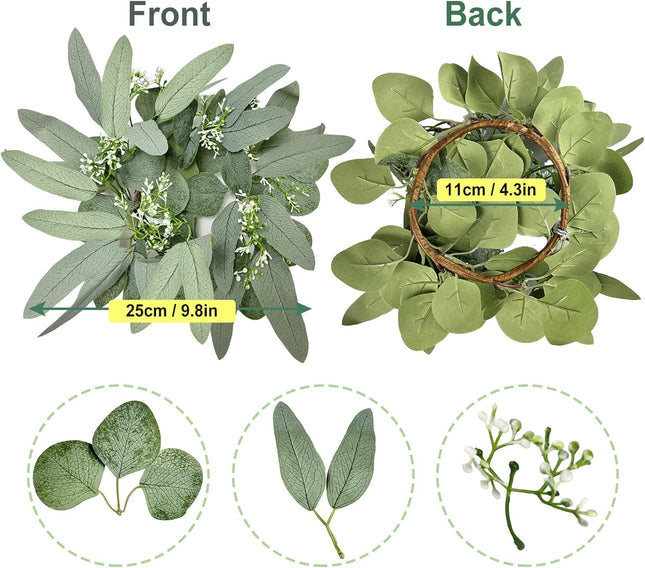 2Pcs Candle Rings, Artificial Eucalyptus Leaves Candle Wreaths for Pillar, Greenery Willow Leaves Gypsophila Candle Wreath for Wedding Centerpieces Home Party Table Decor (Green)