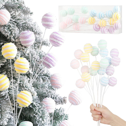 Pastel Candy Christmas Picks Decoration, 5pcs 15” Glittery Macaroon Woolen Cake Pop Picks for Christmas Party Xmas Tree Decoration Pastel Ball Sticks Vase Filler Indoor Home Decor