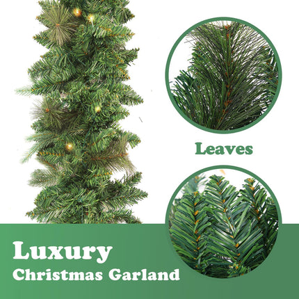9 FT Lighted Christmas Garland, Pre-lit Christmas Garland with 50 Warm Lights, Artificial Garland for Fireplace, Stairs Railing, Front Door, Indoor and Outdoor