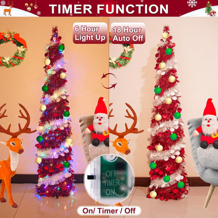 Fake Christmas Tree Christmas Decor - 5 Ft Tall Skinny Christmas Tree Collapsible with Timer 50 Lights 10 Balls, Tinsel Red Christmas Tree Christmas Decor for Home Bedroom Fireplace(Red White)