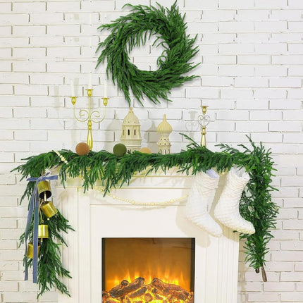 Real Touch Norfolk Pine Christmas Garland and Wreath Set, 24IN Green Wreath and 9FT Christmas Garland Artificial Faux Greenery Norfolk Pine for Holiday Indoor Mantle Decor