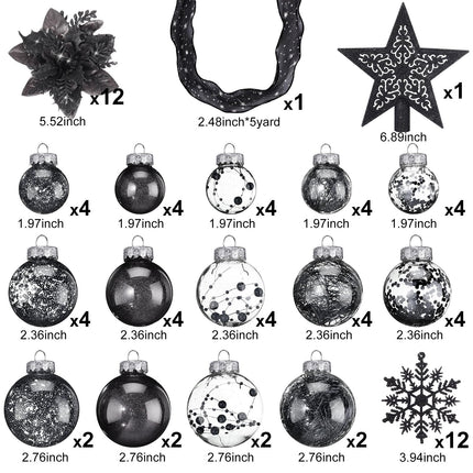 Jenaai 74 Pcs Christmas Ball Ornaments Set Plastic Shatterproof Christmas Tree Decorations with Hanging Snowflakes Ribbons Artificial Poinsettia Flowers Tree Topper for Xmas Tree Decor(Black)