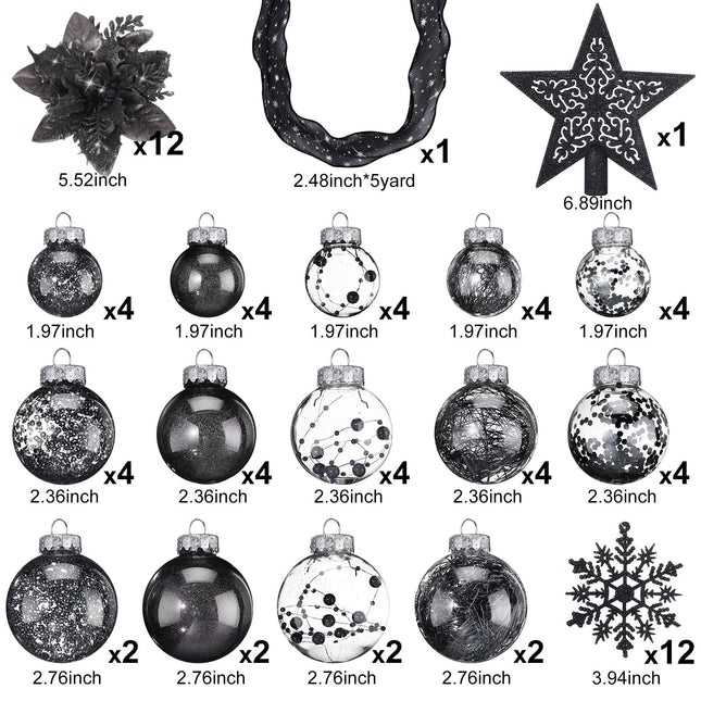 Jenaai 74 Pcs Christmas Ball Ornaments Set Plastic Shatterproof Christmas Tree Decorations with Hanging Snowflakes Ribbons Artificial Poinsettia Flowers Tree Topper for Xmas Tree Decor(Black)