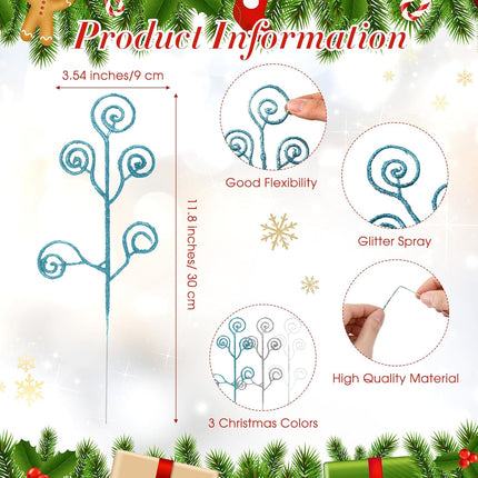 Lyrow 36 Pcs 12" Glitter Christmas Tree Picks Decoration Xmas Tree Curly Picks and Sprays Sequins Candy Shape Christmas Floral Pick for Home Vase Filler Garland (Silver,Sky Blue,White)