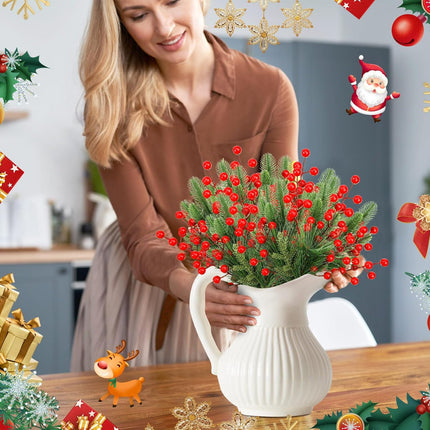 400 Pcs Artificial Pine Needles Branches and Artificial Red Berry Stems Fake Greenery Pine Picks Christmas Red Berry Picks Holly Berries Branches Christmas Fake Tree Branches for DIY Garland Wreath