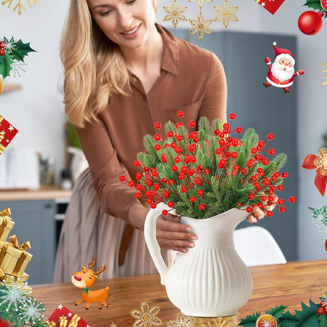 400 Pcs Artificial Pine Needles Branches and Artificial Red Berry Stems Fake Greenery Pine Picks Christmas Red Berry Picks Holly Berries Branches Christmas Fake Tree Branches for DIY Garland Wreath