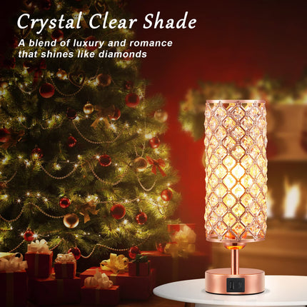 Hong-in Crystal Table Lamp, Rose Gold Lamp with USB C+A Ports, 3 Way Dimmable Touch Lamp with Crystal Shade, Bedside Nightstand Small Lamp for Living Room Bedroom Home Office (Bulb Included)
