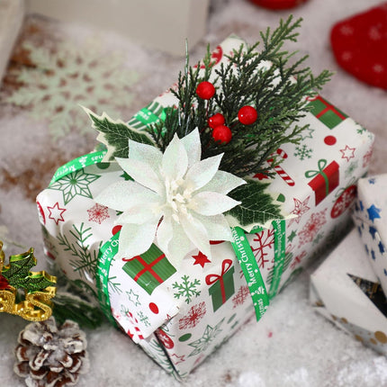 Hotop 12 Pcs Poinsettia Flowers Christmas Artificial Glitter Flower with Clips Poinsettia Christmas Decorations Artificial Christmas Flowers for Garland Wreath Tree Home Party(White,Classic)