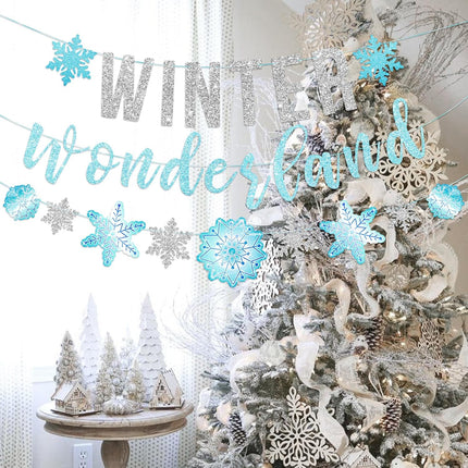 SUNBEAUTY Winter Wonderland Decorations Snowflake Garland Banner Winter Wonderland Snowflake Decorations for Happy Holidays Christmas Wedding Winter Wonderland 1st Birthday Party